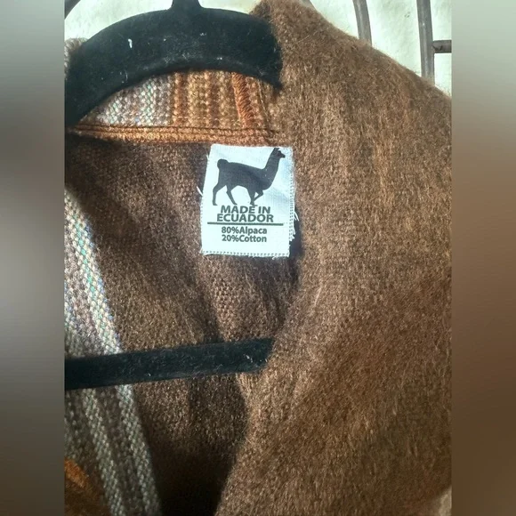 Alpaca Blend Hooded Poncho Ecuador Brown Stripe Fringe Boho Ruana OS - Picture 7 of 7